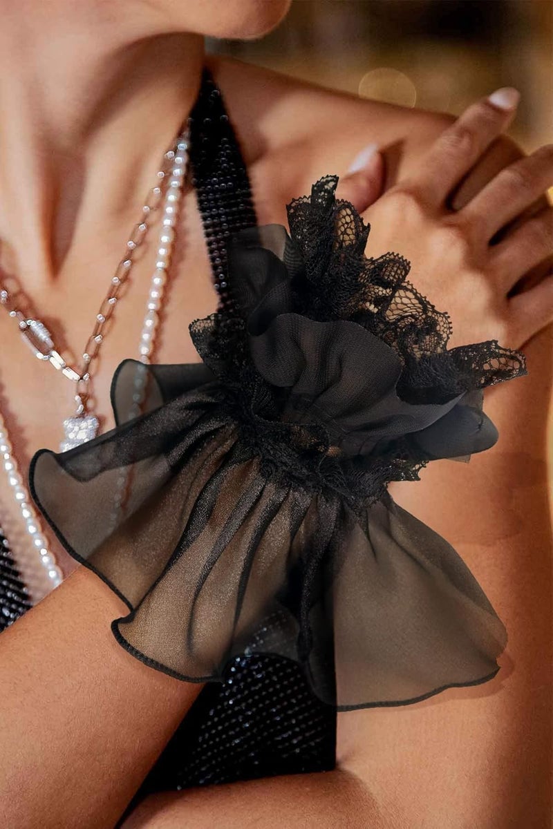 UQJE 2PCS Women's Lace Feather Long Gloves Gothic Mesh Cuff Wedding Halloween Party - Image 5